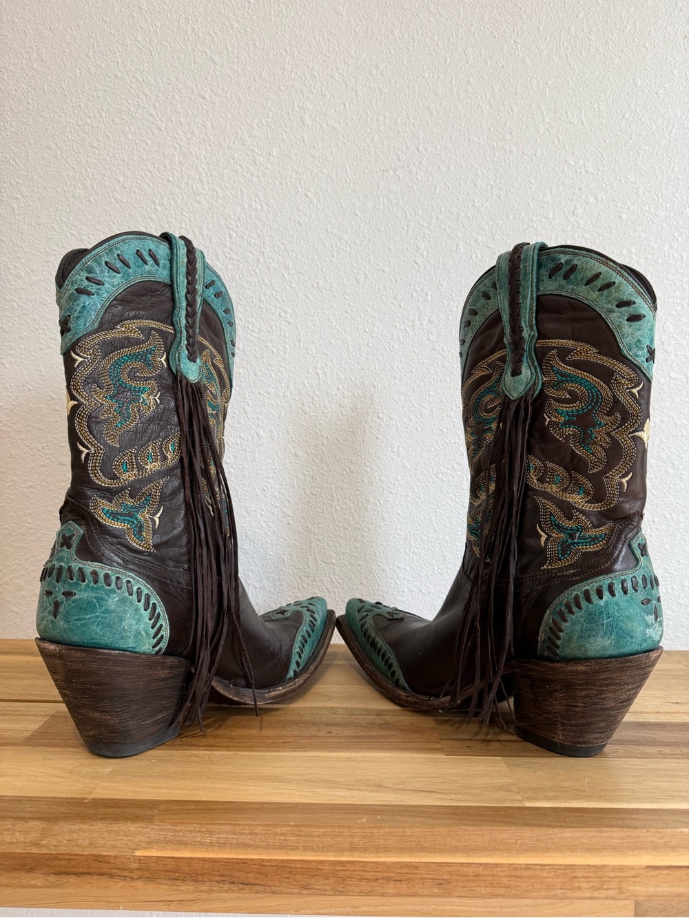 Lucchese Western Cowboy Boots Choc Brown Turquoise Crater Wingtip Fringe 6 B - Picture 7 of 14